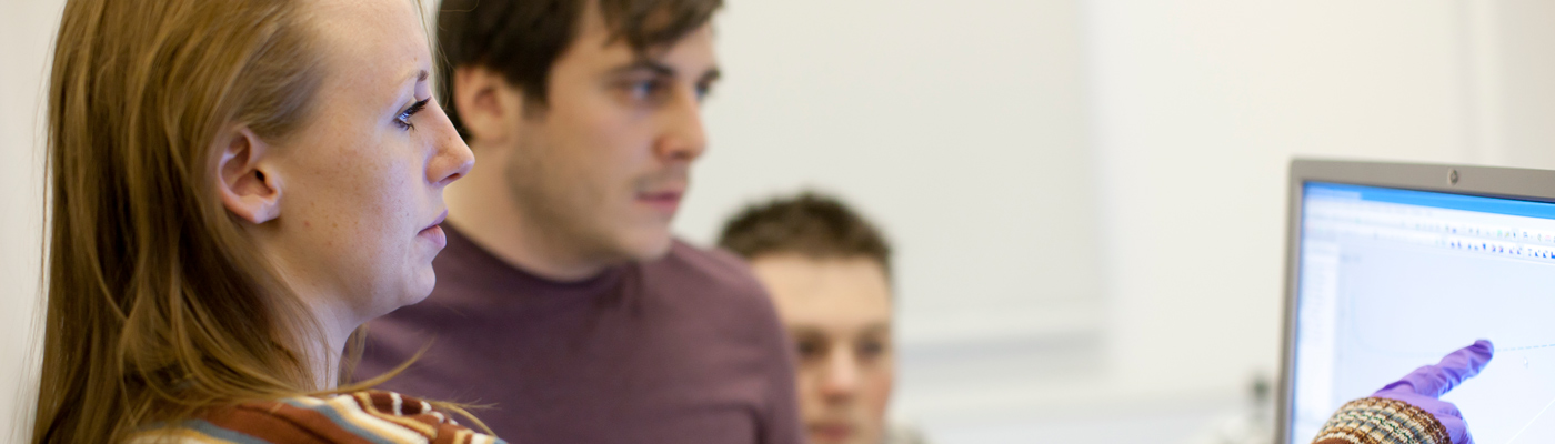 Female research supervisor pointing at a computer screen while two male researchers look on