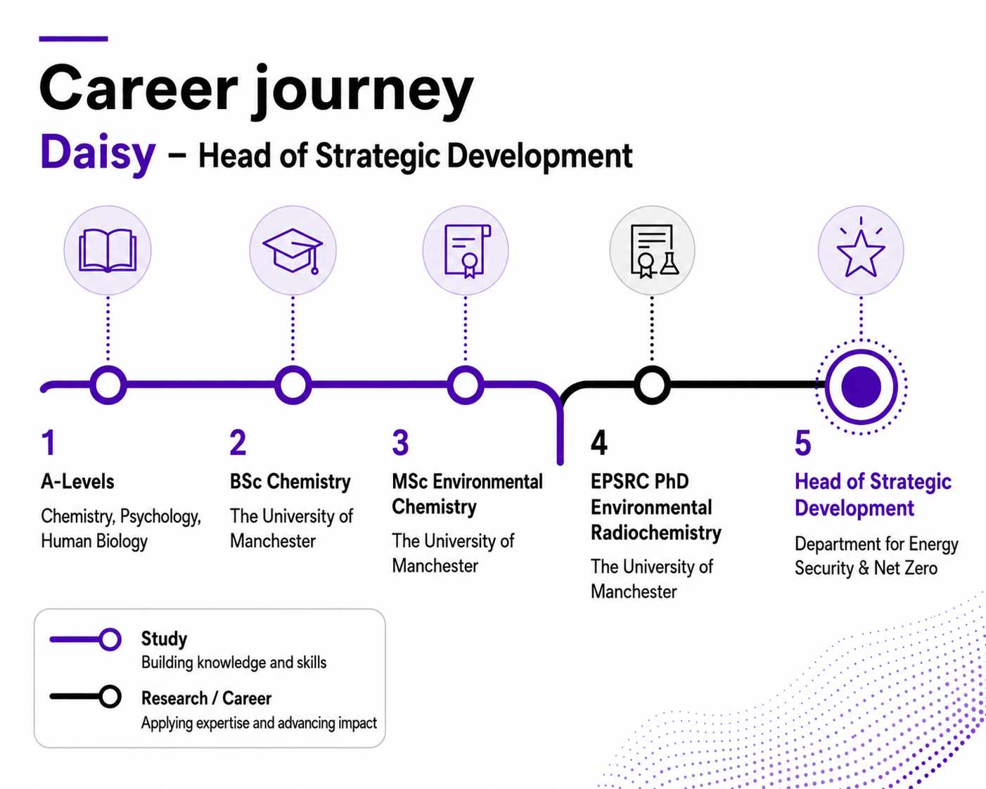 An illustration of Daisy's career path showing the steps she took that led to her current career: From A Levels, then onto a BSC and a master’s, leading to a PHD and now her current position.
