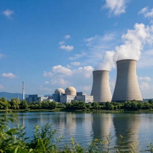 Nuclear power station with cooling towers beside a lake, surrounded by trees under a blue sky.