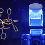 A blue glowing vial alongside a molecular structure model.