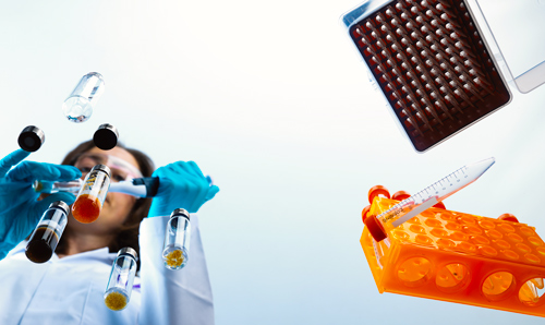 Worm's eye view of researcher squeezing pipette into tube