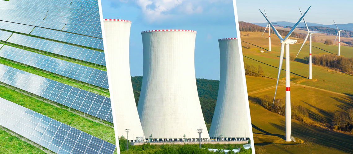 Collage of green energy concept with solar cell panels, nuclear power station and windmill